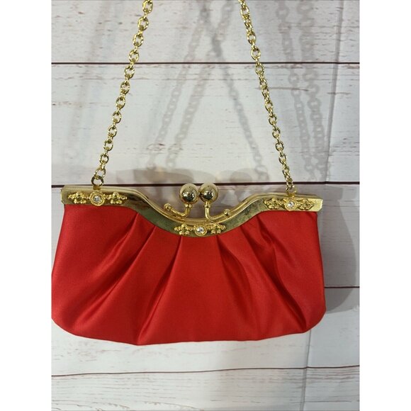 Jessica McClintock Red Satin Clutch Purse Gold Chain Snap closure with bling - Picture 6 of 9